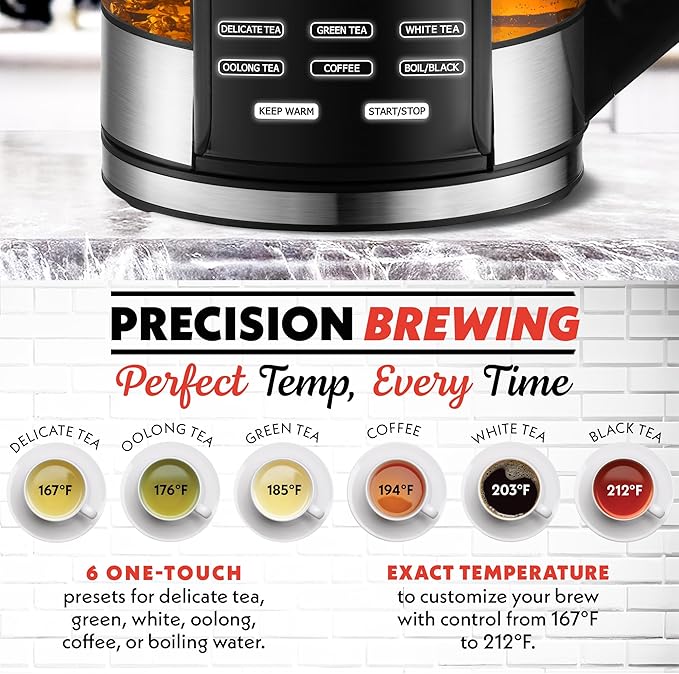 Gourmia Electric Programmable Glass Kettle – 1.7L Temperature Control Tea & Coffee Kettle with Digital Touch Display, 6 Presets, Keep Warm, Removable Stainless Steel Infuser, 360° Swivel Base – White