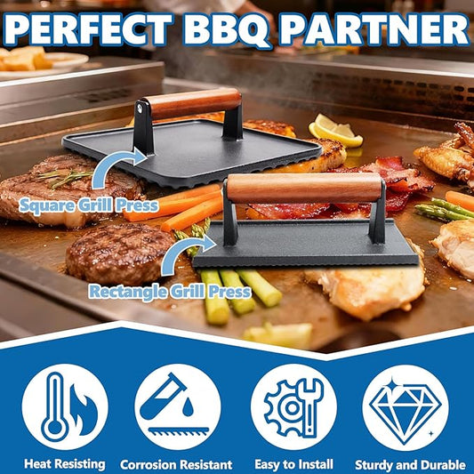 SafBbcue 10" Square Bacon Press & Rectangle Meat Press, Heavy Duty Cast Iron Griddle Press Smash Burger Press Compatible with Blackstone Flat Top Griddle Grills, Hamburger Smasher Tool Patty Maker