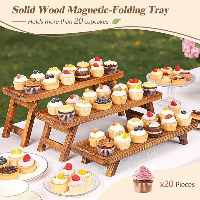 3 Tier Wooden Serving Tray Stand, Foldable Tiered Dessert Display Set for Party, Wedding, Birthday, Christmas, Rustic Charcuterie Boards Table Decor