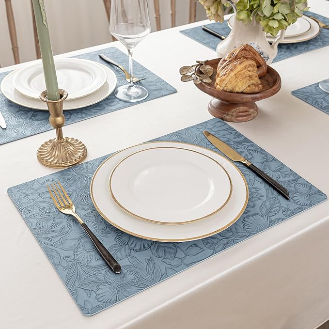 Romanstile Vinyl Placemats Set of 4-12 X 17 Inch - Heat Resistant Non-Slip Embossed Floral Place Mats 100% Waterproof Oilproof Wipeable Faux Leather Table Mats for Kitchen/Dining/Party, SkyBlue