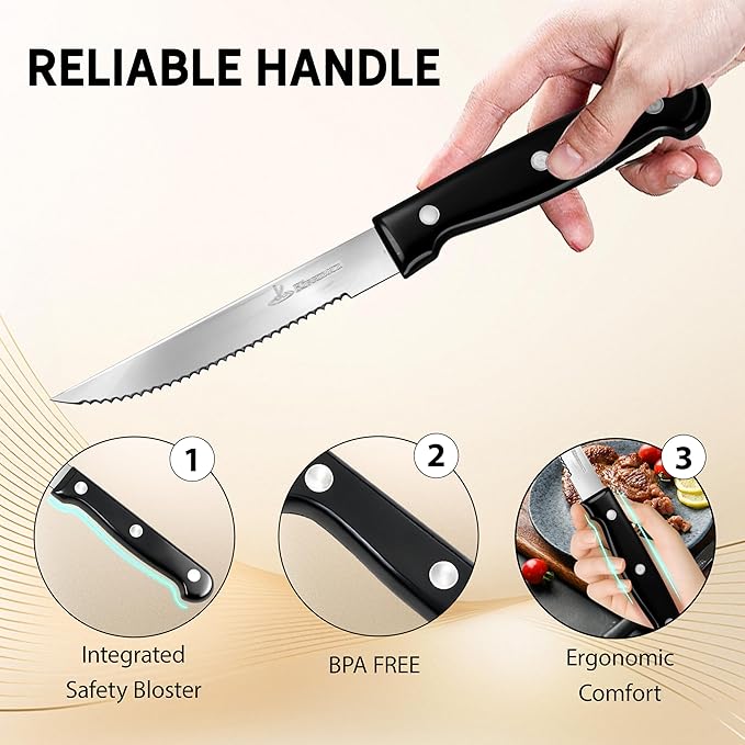Upgraded Steak Knives Set of 16, Uncoated Stainless Steel Serrated Steak Knife Set, 4.5 Inch Steak Knife with Ergonomic Handle and Sharp Blades, Dishwasher Safe Dinner Knives for Kitchen, Restaurant