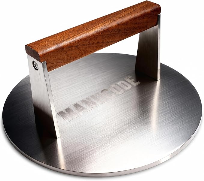 Manucode Smash Burger Press, 3.8-Lb Burger Smasher, 9-Inch Bacon Press for Batch Cooking, Stainless Steel, Easy to Clean and Seasoning Free, Heatable for Searing Panini, Steak, Chicken, Fish, Round