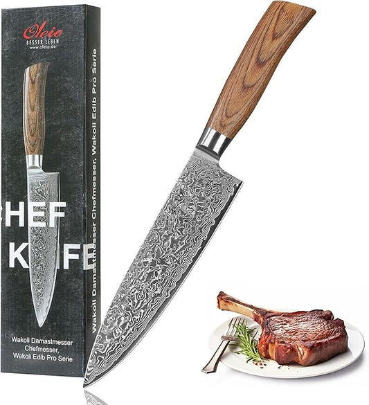 Wakoli EDIB Pro Damascus Chef Knife – Japanese Style Kitchen Knife | 7.9-Inch Genuine Damascus Steel Blade with VG10 Core | Ergonomic Pakkawood Handle | Professional Cooking Tool