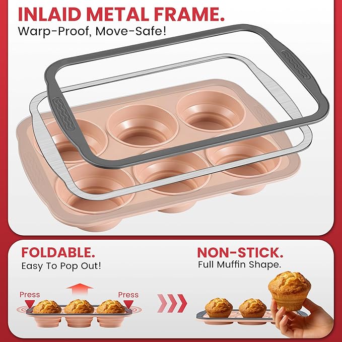 HE-SANQI Silicone Muffin Pan - 6 Cups Regular Size Cupcake Pan Egg Bite Molds Muffin Pans for Baking - Nonstick, Easy to Pop, Bakeware for Oven Dishwasher Safe, BPA Free (6-Cups Pink)