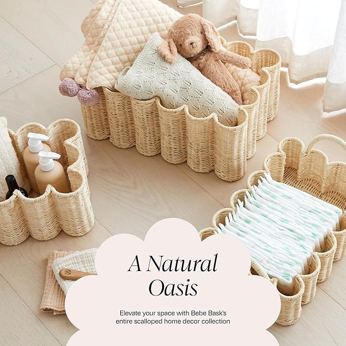 BEBE BASK Premium Wavy Scalloped Rattan Tray - Small Hand-Woven Scallop Wicker Tray - 19 x 9 x 6.5 in - Scalloped Basket - Scallop Basket