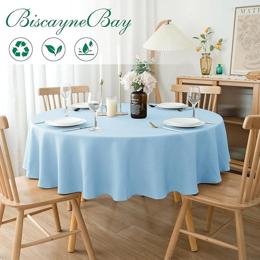 Biscaynebay Textured Fabric Round Tablecloths 70", Light Blue Water Resistant Table Cloth Circle Folding Table Covers for Dining, Kitchen, Wedding, Parties etc. Machine Washable