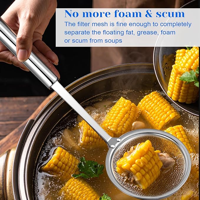 Fat Skimmer Spoon, Stainless Steel Fine Mesh Strainer - Fat Skimmer For Cooking, Food Strainer for Grease, Foam & Oil - 2 Pack (10cm & 12cm)