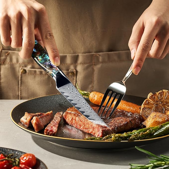 SENKEN 4-Piece Damascus Steak Knife Set, Non-Serrated Blades, Real Abalone Shell Handle, "Umi" Collection Japanese Straight-Edge Steak Knives, Japanese VG10 Steel 67-Layer Damascus