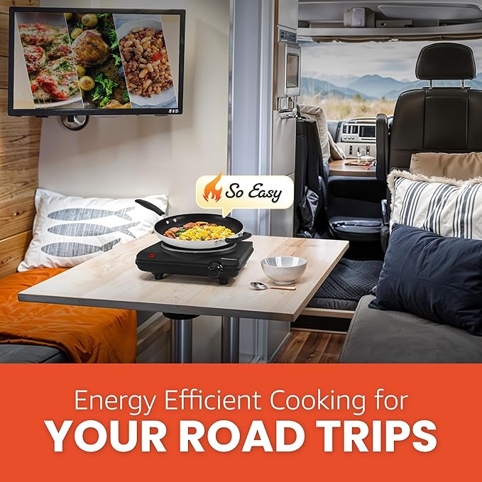 Elite Gourmet Countertop Electric Burner, 1000W Cast Iron Hot Plate, 7 Heat Settings, Portable Cooktop for RV, Dorm, Office & Small Kitchens, Road-Ready & Compact