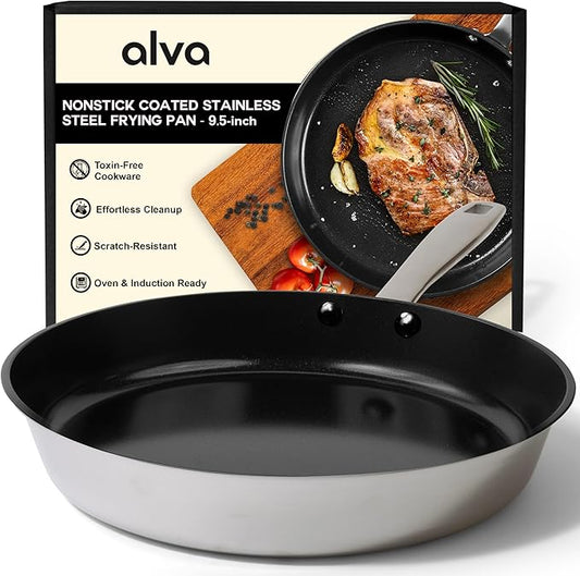 Alva Maestro 9.5-Inch Stainless Steel Nonstick Frying Pan – Made Without PFAS, PFOA & PTFE Ceramic Coating – Reinforced 5-Ply Aluminum Core, Oven & Induction Safe for Even Heat, Easy to Clean Coating