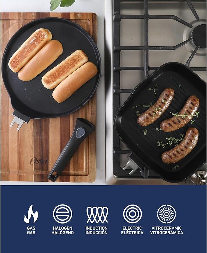 Oster SmartHandle 2-Piece Fry Pan & Pancake Pan Set – Nonstick Cookware with Removable Handle, Oven & Dishwasher Safe, Space-Saving Design