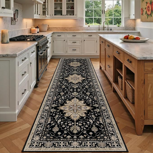 Area Rugs 2'x7' Runner Rug Non Slip Washable for Kitchen Hallway Bedroom Beside Laundry Room Bathroom Rug, Floor Carpet, Black Brown Neutral Dark Tan