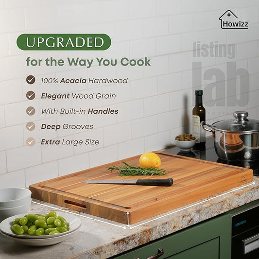 Howizz Acacia Wood Large Cutting Board, Thick Edge Grain Solid Wood Butcher Block For Kitchen, Non Toxic Pre-Oiled Carving Tray w/Juice Grooves and Easy Grip Handle, 24"x18" Thick 1" Gift-Ready Box