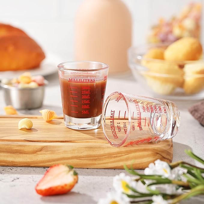Shot Glass Measuring Cup, 2PCS Measuring Shot Glasses, Thick Base Liquid Measuring Cup for Espresso Shot Glass and Measuring Glasses, Four Different Units of Measure(1 OZ, 2 TBS, 6 TSP, 30 ML)