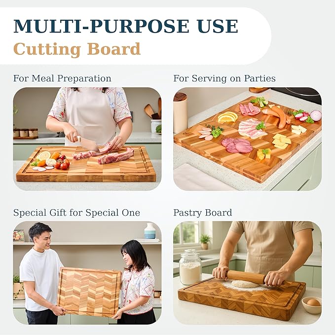 Bearchop Herringbone Acacia Wood Cutting Boards for Kitchen, Butcher Block with 4-Side Reinforced Bar for Anti Crack/Warp, [17"x13"x1"] Medium Cutting Boards with Gift Box, Juice Groove, Handle