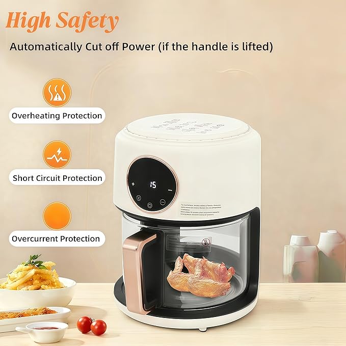 Glass Air Fryer - 4.5 Qt Transparent Viewing Pot with 8-in-1 Preset Cook Modes, 1200W Power & Precise Temp Control, Countertop Convection Oven for Healthy, Oil-Free Cooking (White)