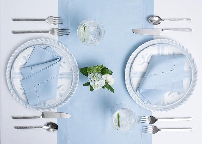 Solino Home Linen Sky Blue Table Runner 132 Inches Long - 100% Pure Linen Extra Long Table Runner 14 x 132 Inch for Spring, Easter - Classic Hemstitch
