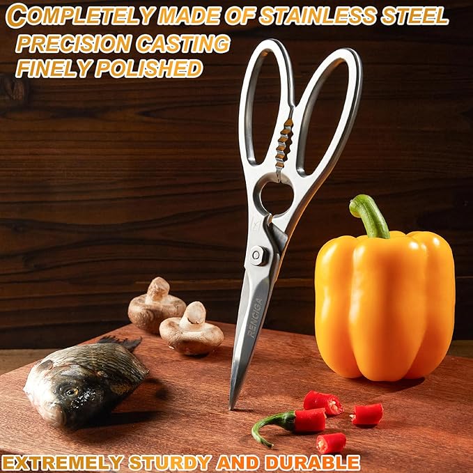Kitchen Scissors Multi-Purpose Kitchen Shears Micro-serrated Sharp Blade Heavy Duty Stainless Steel Safe Food Scissors for Chicken, Poultry, Fish, Meat & Herbs with Non-Slip Grips