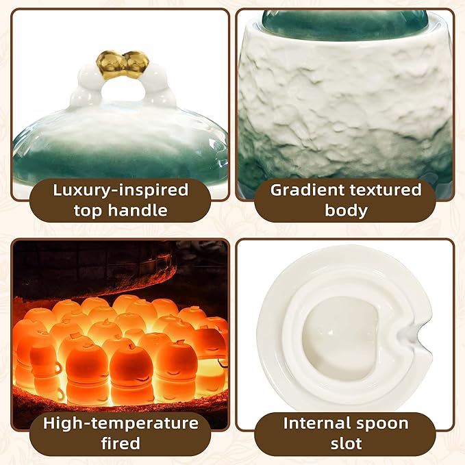 Ceramic Sugar Bowl with Lid and Spoon,12oz Sugar Bowl with Gradient Texture, Sugar Container with Lid and Spoon Sugar Jar for Coffee Station Accessories,Dishwasher & Microwave Safe,Green