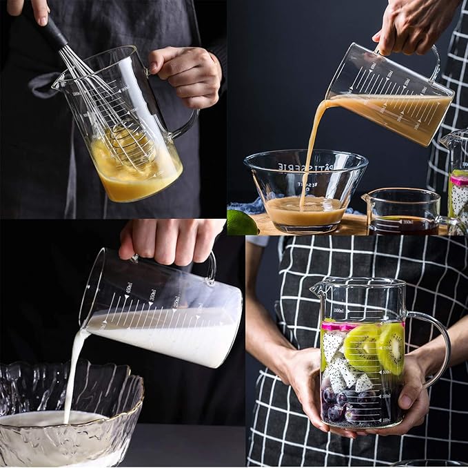 1L Glass Measuring Cups Jugs with Lid Large Measuring Pitcher Beaker Measured Mug Measure Liquid Milk Glass Cup Clear Scale with Spout& Insulated Handle,for Hot/Cold Fluid