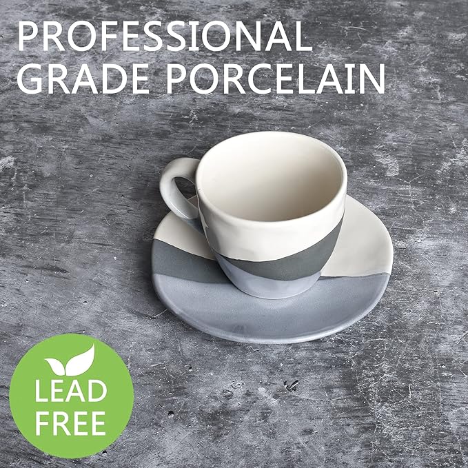 Bosmarlin Stoneware Coffee Cup Mug and Saucer Set of 2 for Latte, Cappuccino, Tea, 9 Oz, Dishwasher and Microwave Safe (Grey, 2)