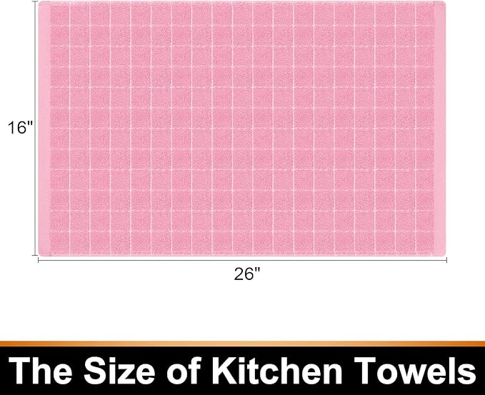Mordimy 100% Cotton Terry Cloth Kitchen Towels, Super Soft and Absorbent Dish Towels for Drying, Checkered Designed Hand Towels for Kitchen, 16 x 26 Inches, 8 Pack, Pink