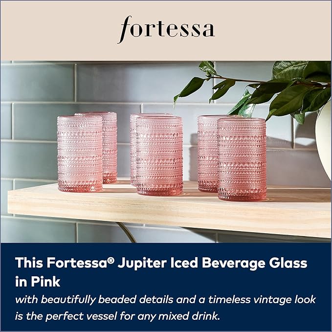 Fortessa Jupiter Beaded Hobnail Glass, 13 Ounce Iced Beverage (Set of 6), Pink