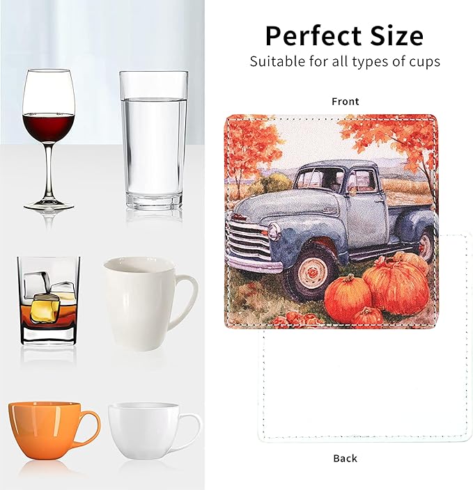 Thanksgiving Day Coasters Square Leather Drinks Coaster Set with Holder for Coffee Table Bar Home Decor 4 Inches Set of 6