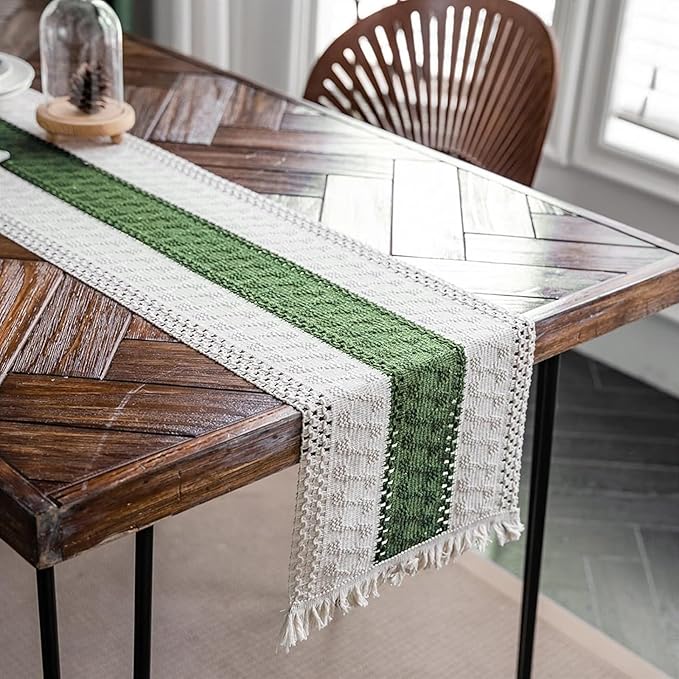 Alynsehom Macrame Table Runner Cream Beige and Green Boho Table Runners with Tassels Hand Woven Cotton Table Runner Rustic Farmhouse Table Runners for Bohemian Kitchen Dining Table(12x95in)