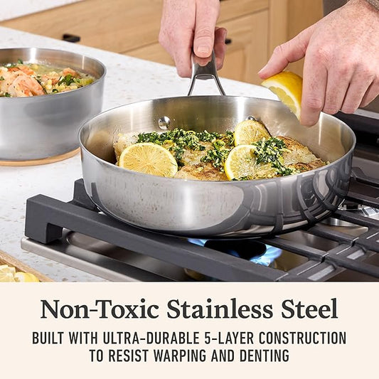 Calphalon Premier Polished 5-Ply Stainless Steel Cookware Set w/Turbo Heat Tech 12 Piece Includes Frying Pans, Pots and Pans Set, Induction, Oven Safe 500F, Silver