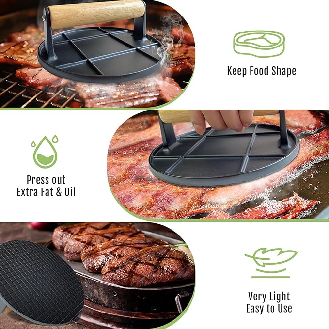 Burger Press,Smash Burger Press for Griddle with Wood Handle,Burger Smasher for Grill, Steak Bacon Smasher for Camping (Round)