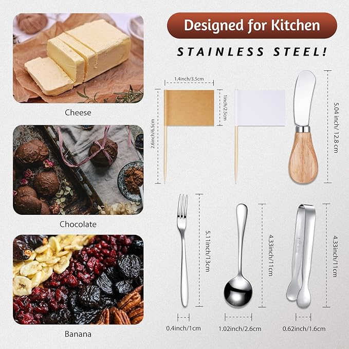 Cheese Butter Spreader Knives Set Charcuterie Accessories Stainless Steel Spreader Knives with Wooden Handles Charcuterie Boards Utensils Mini Serving Tongs Spoons and Forks (Yellow,14 Pieces)