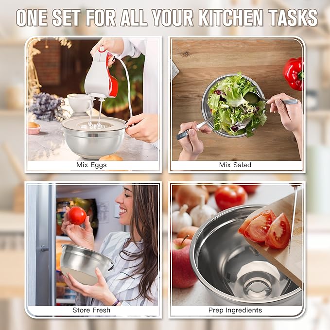 Mixing Bowls with Airtight Lid Set, 23PCS Stainless Steel Nesting Bowls with 3 Graters, Non-Slip Base, Large Prep Bowls 7, 3.5, 2.5, 2, 1.4, 1QT & 14 Measuring Spoons Great for Baking, Serving