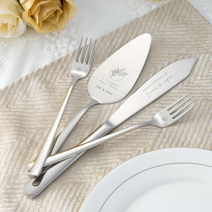 AW BRIDAL 4Pcs Wedding Cake Knife and Server set with Forks, Stainless Steel Engraved Cake Cutting and Pie Server Gifts for Bridal Shower Engagement, Silver
