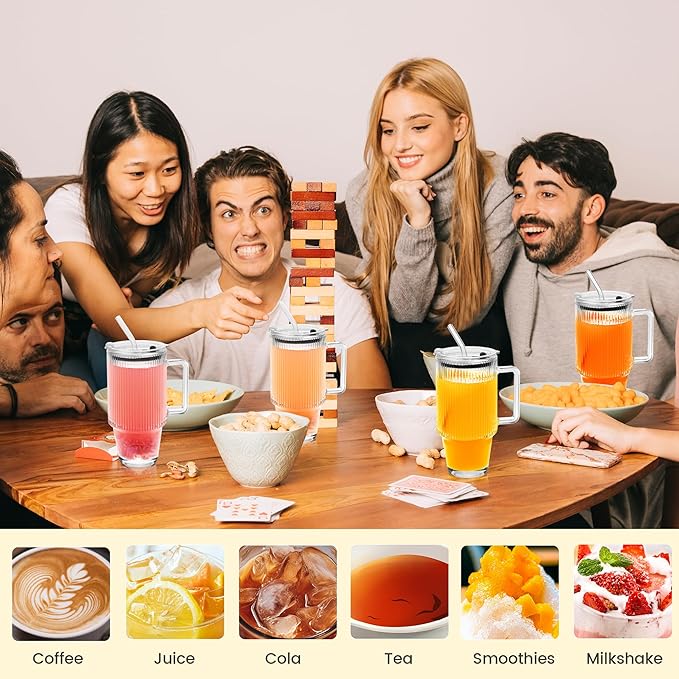 24oz Ribbed Glass Cups with Lids and Straws Handle Thick Leak Proof Drinking Glasses Tumbler for Gift Cold Drink Smoothie Boba Tea(Ribbed with Thick Plastic Lid)