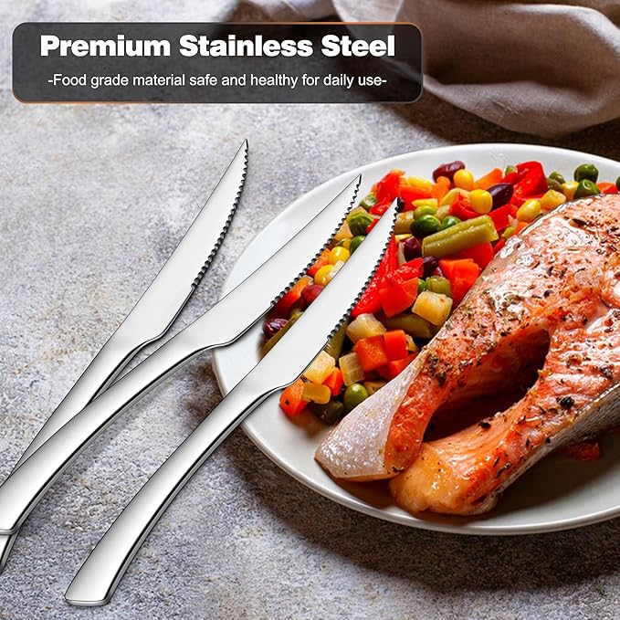 E-far Serrated Steak Knives Set of 12, Stainless Steel Dinner Knife for Home Kitchen Restaurant, 9 Inch Table Knife with Ergonomic Handle and Sharp Tip & Blade, Mirror Silver & Dishwasher Safe