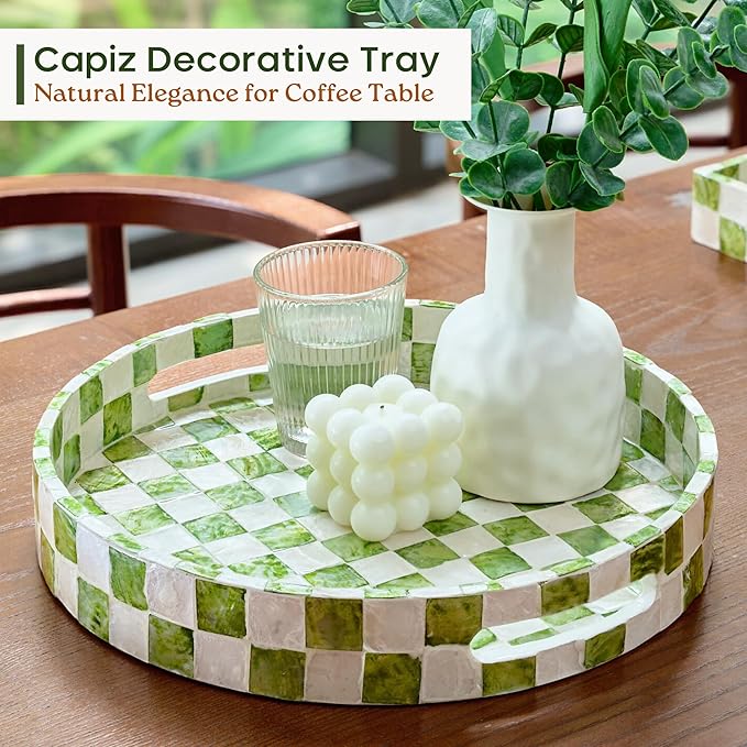 12.6" Capiz Decorative Tray with Handles, Checkered Round Serving Tray for Coffee Table, Kitchen Counter, or Bathroom (Pistachio Green)