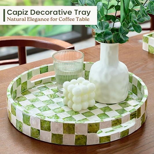 12.6" Capiz Decorative Tray with Handles, Checkered Round Serving Tray for Coffee Table, Kitchen Counter, or Bathroom (Pistachio Green)