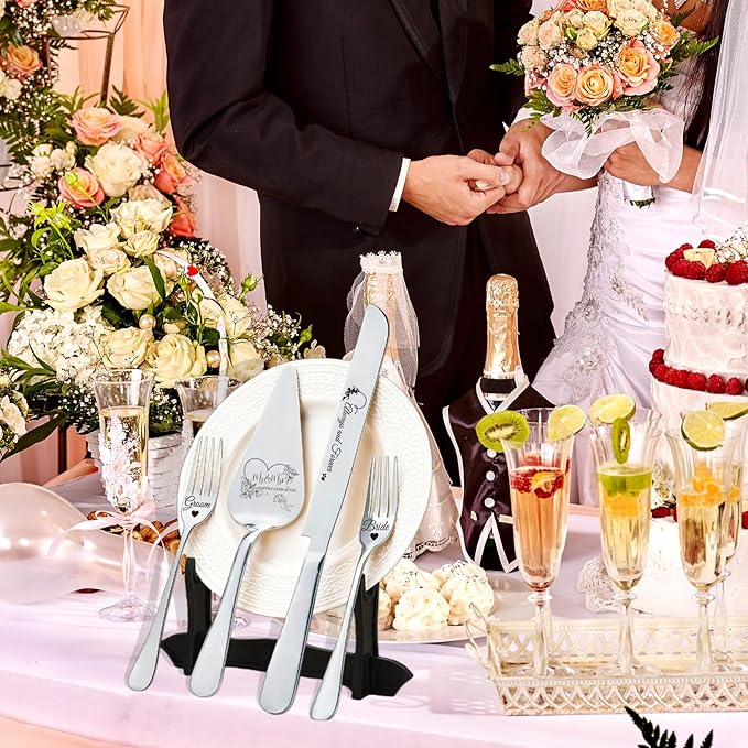 4 Pieces Wedding Cake Cutting Set Knife and Forks Set Wedding Cake Knife and Server Set Sliver Forks Engraved Mr. and Mrs.for Engagements, Anniversaries, Bride and Groom (Silver GROOM&BRIDE)