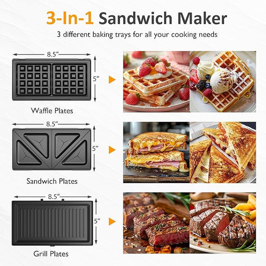 Sunvivi 3 in 1 Sandwich Maker, Electric Waffle Maker with Removable Non-stick Plates, 800W Panini Press Grill with Glass Top, Cool Touch Handle & Easy to Clean, Black