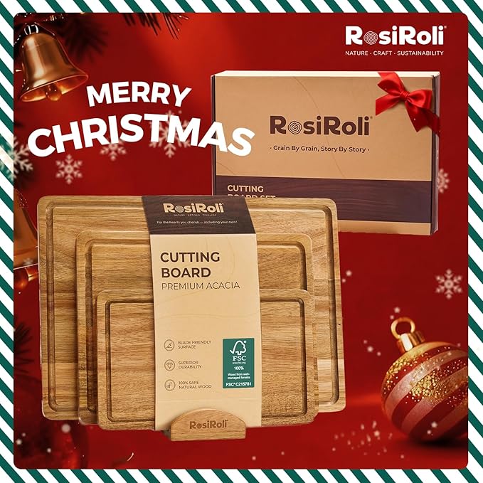 RosiRoli Acacia Wood Cutting Board for Kitchen, Set of 3 - Durable 1" Thick Chopping Boards with Juice Grooves & Handles for Prep & Serving, Impressive Gift for Housewarming, Christmas, and Home Chefs