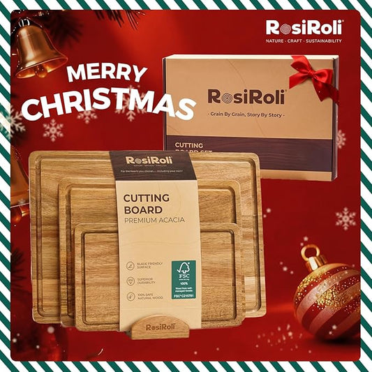 RosiRoli Acacia Wood Cutting Board for Kitchen, Set of 3 - Durable 1" Thick Chopping Boards with Juice Grooves & Handles for Prep & Serving, Impressive Gift for Housewarming, Christmas, and Home Chefs
