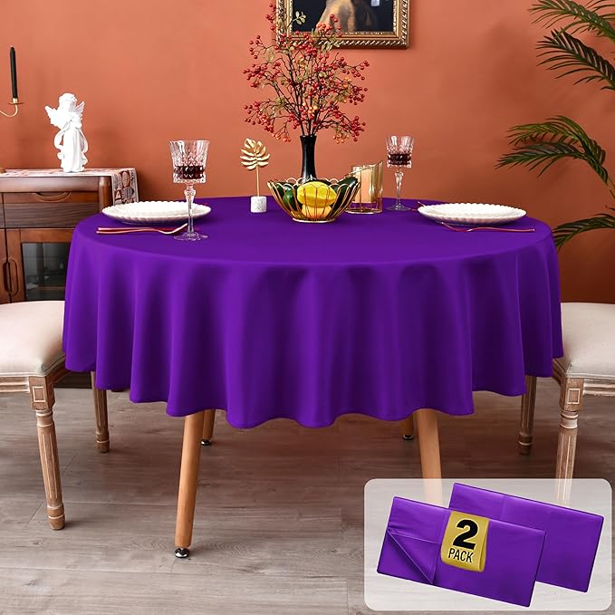 MEANMOY 2 Pack Purple 210 GSM Water & Stain Resistant Round Tablecloth - Solid 60 Inch Circle Table Cloth Cover in Wrinkle Free Washable Wipe Clean Polyester for Wedding, Party, Banquet (2 Pcs)