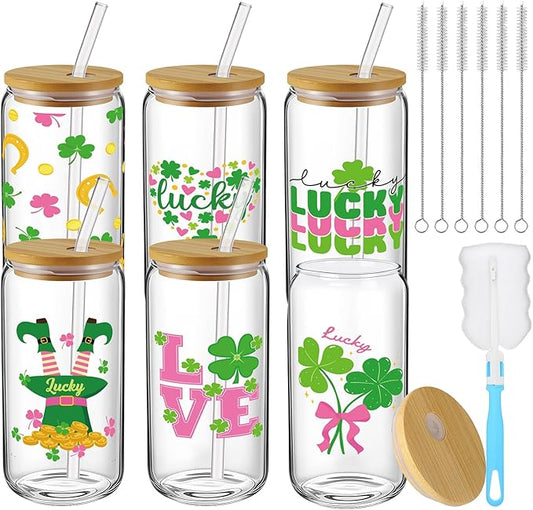 6 Pcs St Patrick's Day Glass Cups Shamrock Tumbler with Lids and Straws 16 oz Irish Lucky Clover Reusable Can Shaped Drinking Glasses Bulk for St Patrick's Day Party Supplies