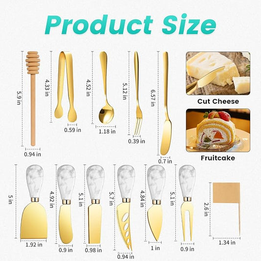 Marble Gold Cheese Knife Set, Ceramic Handle Charcuterie Board Accessories - Butter Spreader, Cheese Slicer, Serving Tongs, Spoons, Forks, Flags, Wooden Honey Dipper