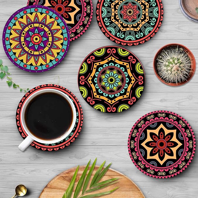 Coaster for Drinks Set of 6, Mandala Flower Floral Retro Absorbent Round Ceramic Stone Mat, with Cork Base and Metal Holder, Gift for Housewarming Room Bar Decor
