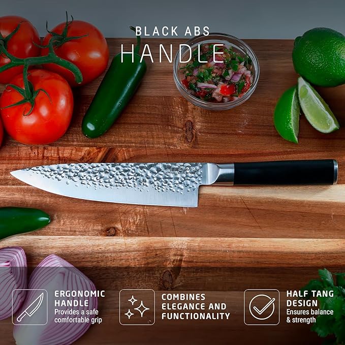 Swiss Diamond Chef Knife, German Steel With ABS Handle, Half Tang Handle, Hammered Blade Chef Knives Professional Grade, 55+2 Rockwell Hardness, 8 Inch