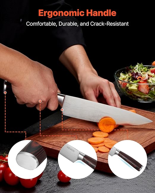 VEVOR Kitchen Knife Set with Block and Sharpener, 15 Piece High Carbon Stainless Steel Knife Set, Rust-Resistant Kitchen Cutlery with Ergonomic Handle, Sharpening Rod & Premium Wooden Block, for Home