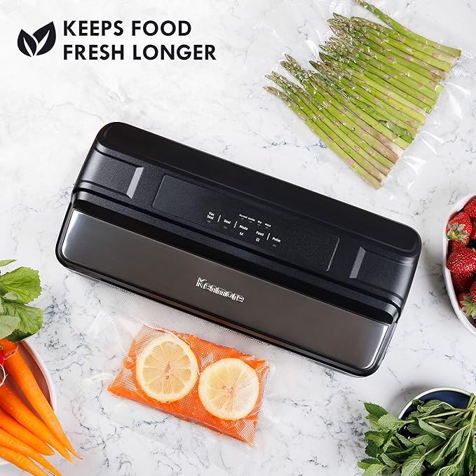 Kenmore Vacuum Sealer Machine - Food Saver Vacuum Sealer with Bags, Dry & Moist Modes, 7 Preset Settings, Includes Bag Roll, Bottle Stopper, Stainless Steel Envasadora al Vacío for Meat