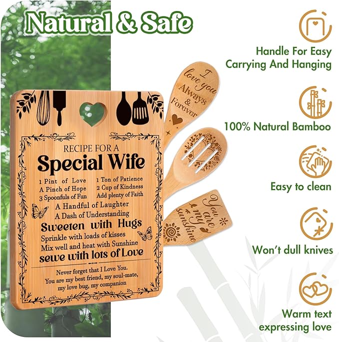 Valentine Day Gifts for Wife - "Recipe for a Special Wife" Valentine's Day Gifts for Her Cutting Board Set, Bamboo-Made Engraved Utensil Set Gifts for Wife